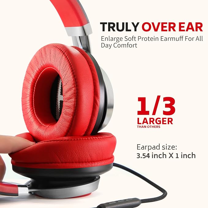 AC01 Over Ear Headphones Wired with Mic Volume Control, 3.5mm Jack | Corded Stereo Headsets for Adults Teens Kids Headphones for School Classroom Chromebooks Laptop Tablets Travel, Black Red - Image 2