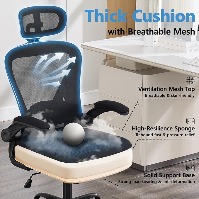 Office Chair, Ergonomic Computer Desk Chair with 3D Headrest | Comfy Home Office Desk Chair with Adjustable Lumbar Support & Flip-up Armrests, 330LBS High Back Mesh Gaming Chair, Black - Image 6