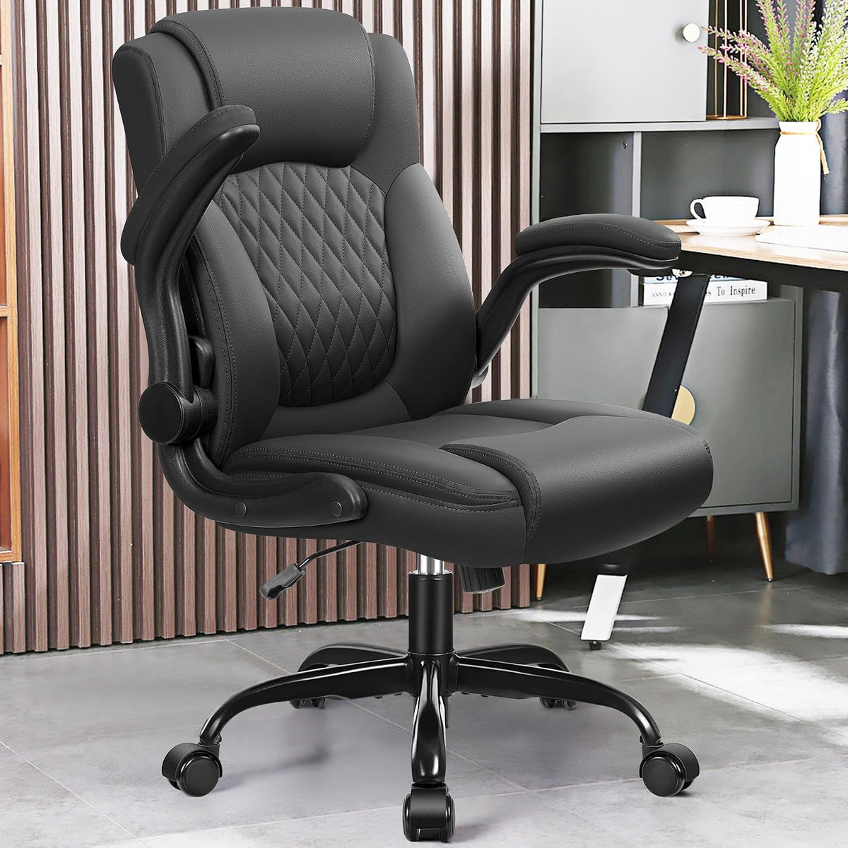 Leather Office Chair, PU Home Computer Desk Chairs with Ergonomic Back Support, 360°Swivel Free, Small Gaming Chair with Wheels and Adjustable Armrests, for Short People Use - Image 2