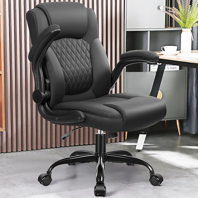 Leather Office Chair, PU Home Computer Desk Chairs with Ergonomic Back Support, 360°Swivel Free，Small Gmaing Chair with Wheels and Adjustable Armrests, for Short People Use, Black - Image 2