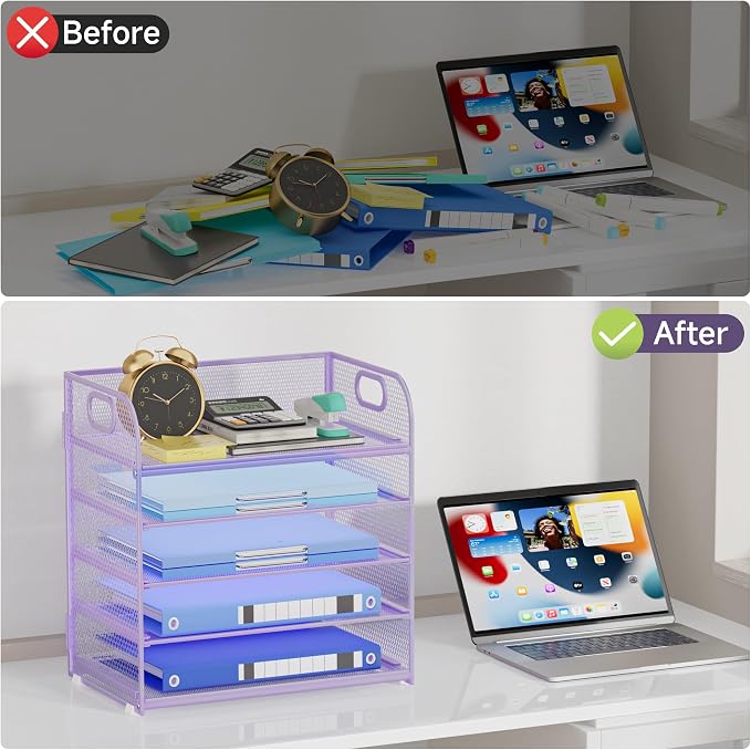 5-Tier Stackable Paper Organizer with Handle, Purple | Metal Mesh Letter Tray, Elegant Desk File Sorter for Office, Home & Classroom Organization - Image 5