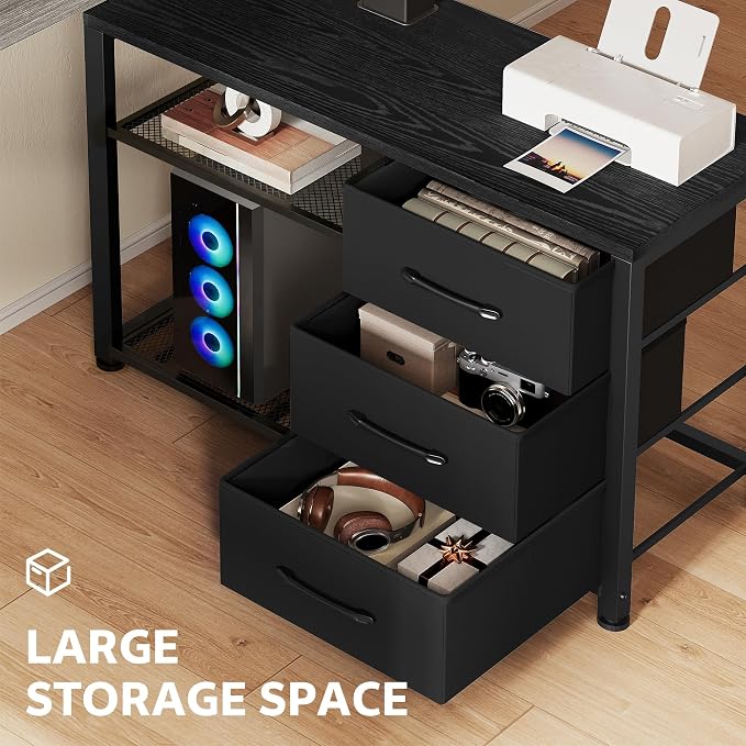 47 Inch L Shaped Desk with 3 Drawers Electric Standing Desks Black | with Storage Computer Table Adjustable Height with Power Outlets 4 Memory Presets for Home Office, Black - Image 4