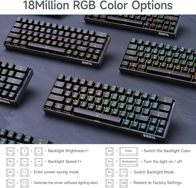 DIERYA DK63 60% Wireless Mechanical Gaming Keyboard | Bluetooth/2.4G/Wired Keyboard | RGB Backlit Compact 63 Keys Mini Office Keyboard | with Blue Switch | for Windows Laptop PC Gamer Typist-Black - Image 6