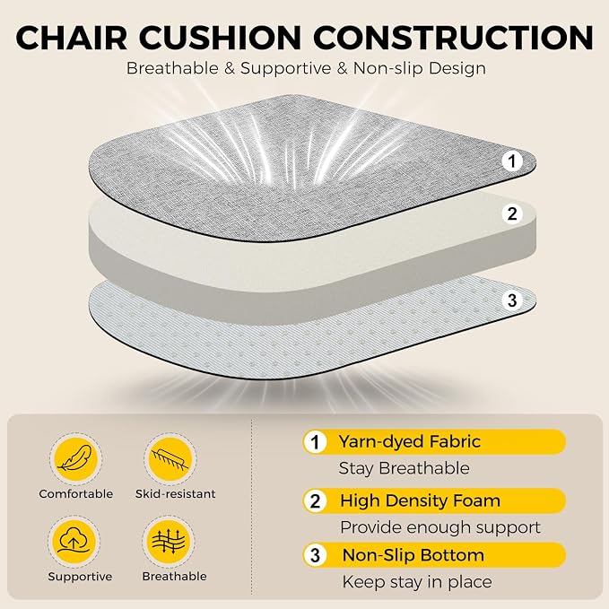 downluxe Indoor Chair Cushions for Dining Chairs, Soft and Comfortable Textured Foam Kitchen Chair Pads with Ties and Non-Slip Backing, 16" x 16" x 2", Light Grey, 4 Pack - Image 3