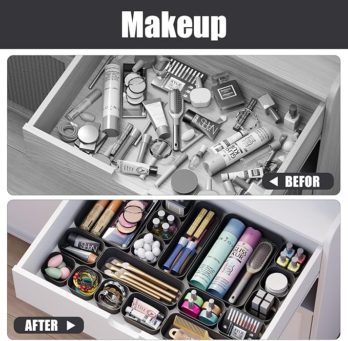 Drawer Organizers Bins 18 PCS for Bathroom Makeup Desk Office | with Non-slip Pads, 4 Sizes, Plastic Tray, Vanity Organizer, Kitchen Utensils Organizer - Image 6