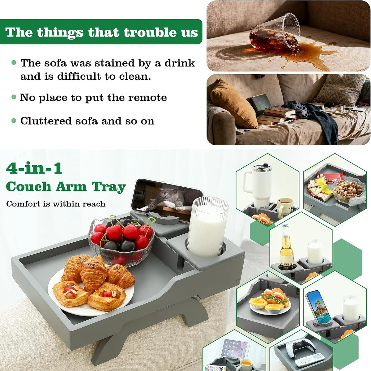 Couch Cup Holder, 4-in-1 Side Couch Arm Tray with Phone Holder, Sofa Clip on Side Table for Wide Couches Arm, Suitable for Home Drinks/Remote/Snacks-Grey - Image 2
