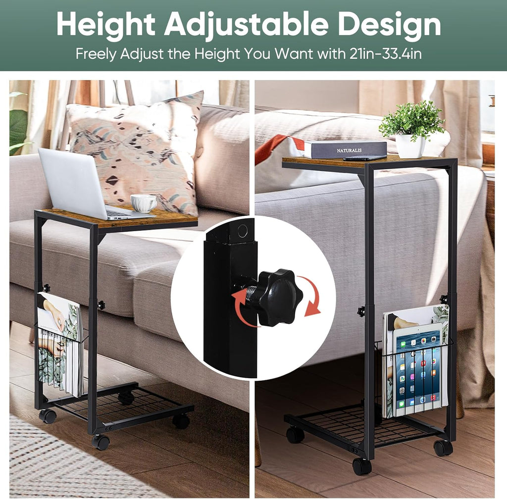 C Shaped Side Table Small End Table with Wheels Slide Under Couch Table for Sofa C Table with Metal Frame Adjustable Height Sofa Table for Living Room Bedroom Small Space, Rustic Brown - Image 6