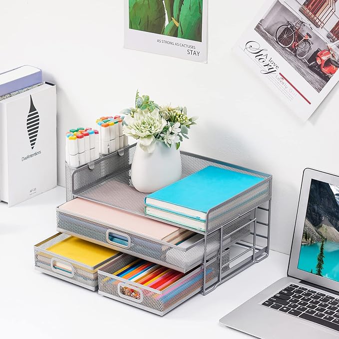 Marbrasse 3 Tier Mesh Desk Organizer with Drawer, Multi-Functional Desk Organizers and Accessories, Paper Letter Organizer with 2 Pen Holder for Home Office Supplies (Silver) - Image 2