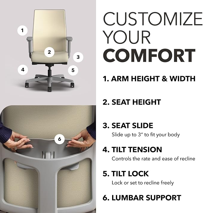 HON Ignition 2.0 Ergonomic Office Chair, Lumbar Support, Desk Chair, Linen | Ergonomic office desk chair with lumbar support, adjustable arms, office decor, workstation comfort for focused productivity - Image 3
