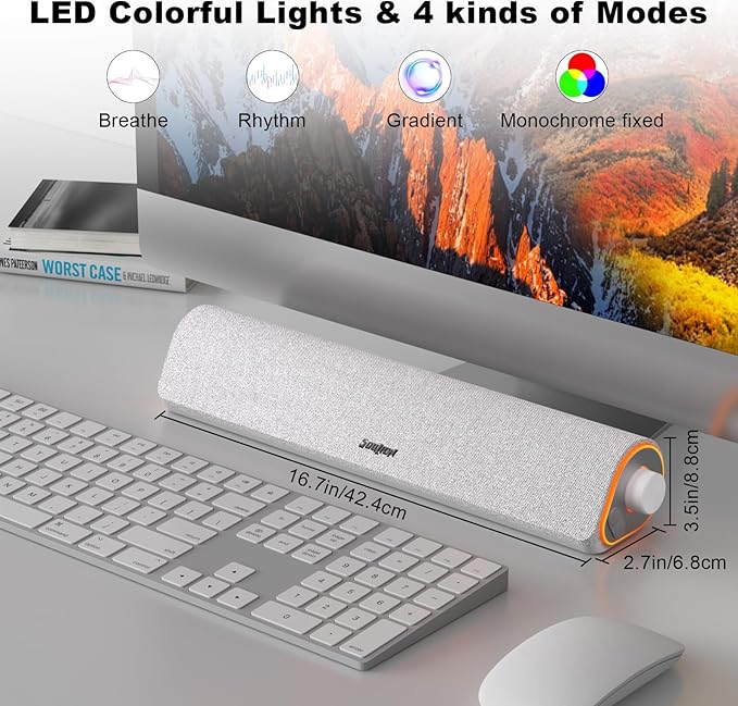 SOULION Bluetooth Computer Speakers PC Sound Bar for Desktop Monitor White | USB Powered & 3.5mm, Colorful LED Lights, Switch Button Clear & Rich Sound, Breathable Cloth,Surround Soundbar - Image 5