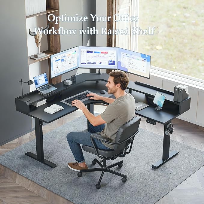 Klicelor L Shaped Electric Standing Desk 63 x 55 inch with Shelf, Height Adjustable Corner Desk, Sit Stand Desk with Storage Shelf, Home Office Computer Table, Black - Image 3