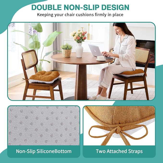 BETU Chair Cushions for Dining Chairs Set of 2,3.5" Thick Kitchen Table Chair Pads with Ties,Non Slip Backing and Covers, Seat Cushion for Dining Room,Bar,Patio Chairs,15.5"X15.5"X3.5",Caramel - Image 2