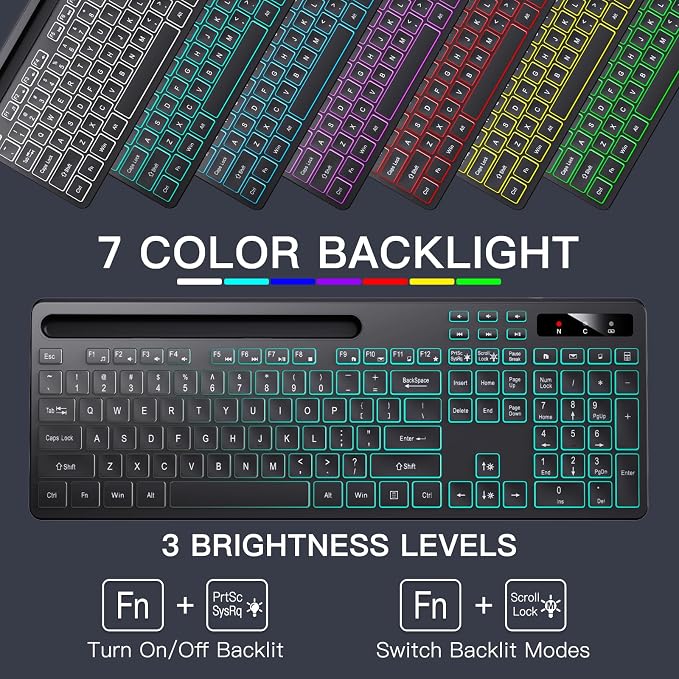 Soueto Wireless Keyboard with 7-Color RGB Backlit, Full-Size Computer Keyboard with Phone Tablet Holder, 2.4G Rechargeable Gaming Keyboard with Light Up Keys, Compatible with Mac, Windows (Black) - Image 2