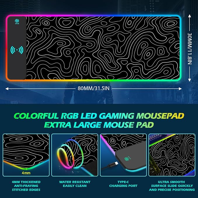 ToLuLu RGB Wireless Charging Gaming Mouse Pad, 7.5/10/15W 10 Light Modes LED Mouse Pad Computer Keyboard Mat Mousepad, 800x300x4MM Extended Large Desk Pad for Gamer, Black and White Abstract Lines - Image 6