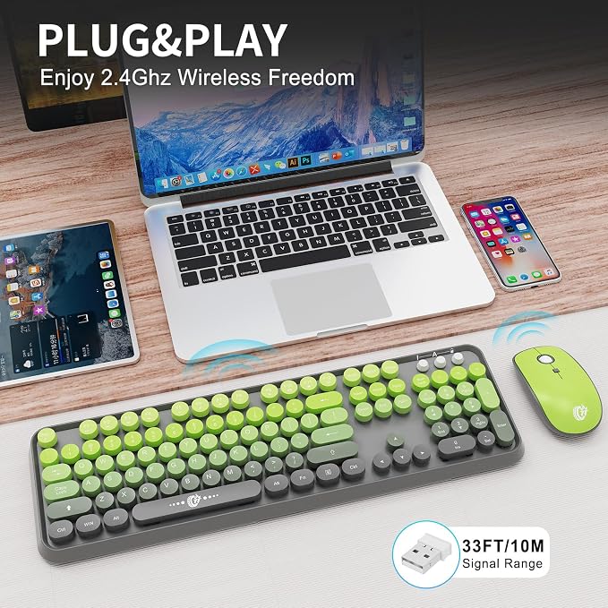 Wireless Keyboard and Mouse Combo, 104 Round Keys Cute Colorful Keyboard and Mouse with Retro Typewriter for PC Mac Laptop Tablet Computer Windows Gray Green - Image 2