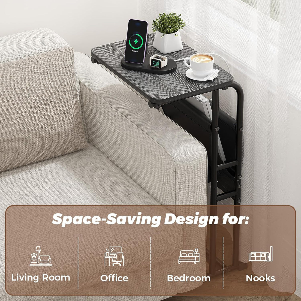 C-Shaped End Table with Charging Station and Storage Bag Black - Image 6