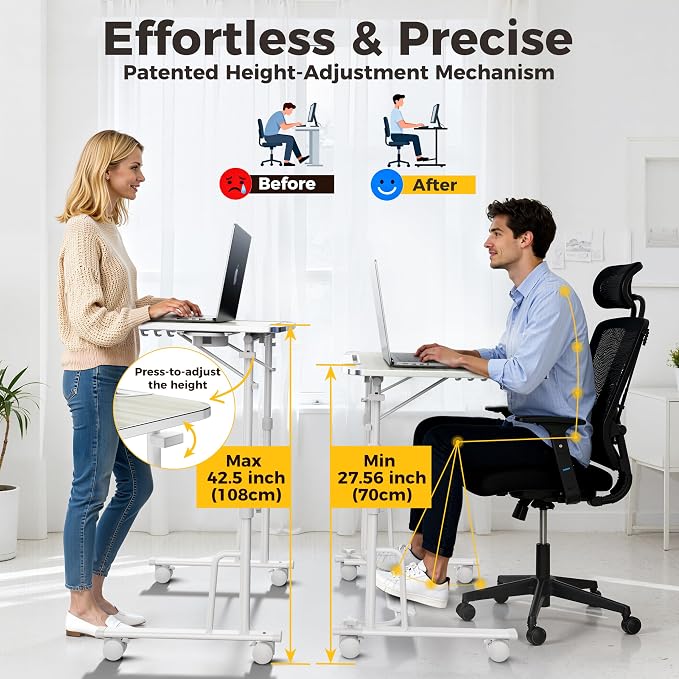 Foldable Standing & Rolling Desk, Upgraded Portable Desk on Wheels | Adjustable Height & Angle, Sturdy Mobile Table Workstation for Laptop with Footrest, Cup Holder, Edge Stopper & iPad Holder - Image 3