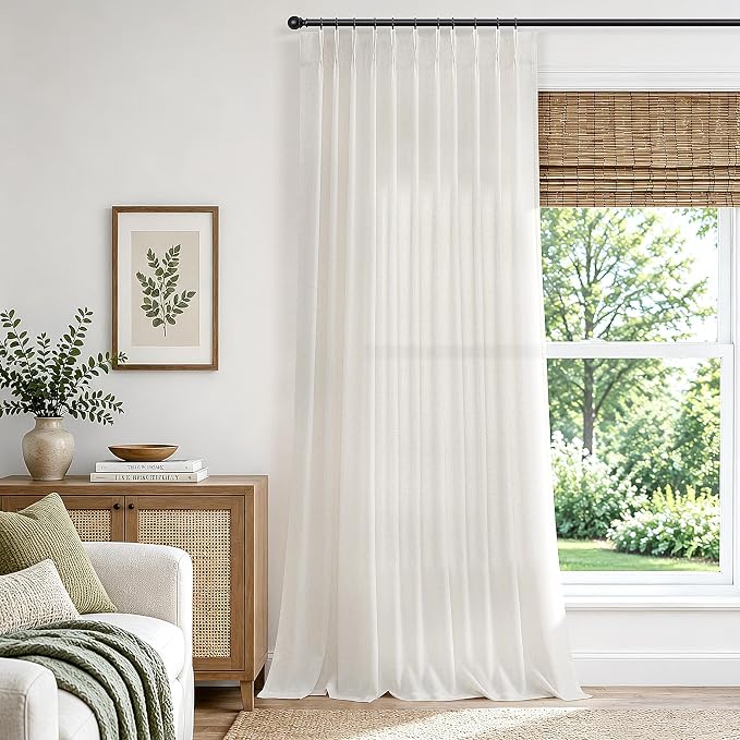 Extra Wide 60 Inch Natural Pleated Linen Curtains 96 Inch Long 1 Panel | Hokibero Ivory Light Filtering Sheer Curtain,Pinch Pleat Back Tab Hooks Rings,Boho Textured Privacy Drapes for Bedroom Window by Hokibero