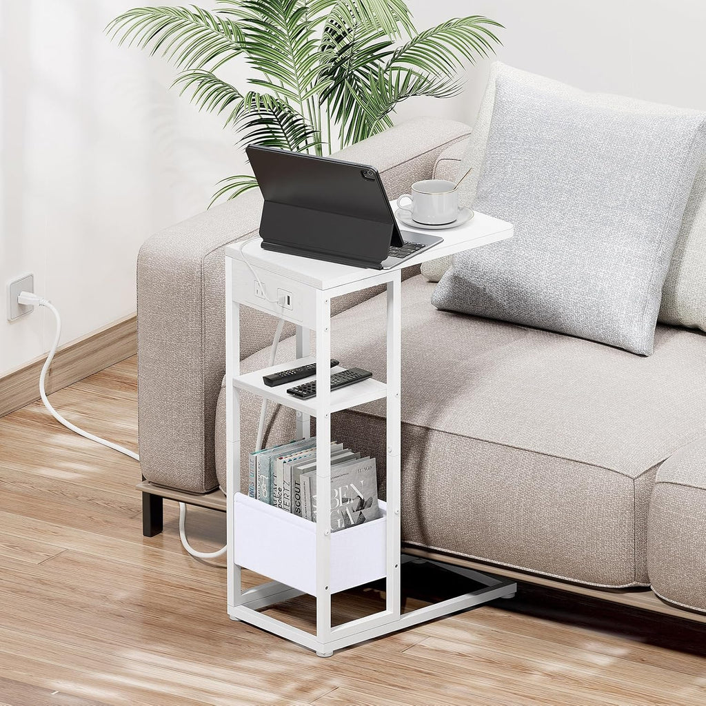 C Shaped End Table with Charging Station, Small Side Table for Couch Recliner, Slide Under Sofa Desk Snack Tables with Storage Bag & AC / USB Outlet, Small Spaces Drink Tables for Living Room, Bedroom - Image 8