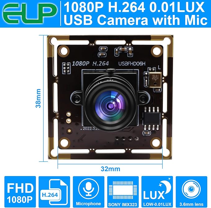 Sony IMX323 Mini USB Camera Module HD 1080P Low Light Webcam with Microphone, 3.6mm Lens, H.264 UVC USB2.0 for Laptop, 3.3ft/1M Cable - Image 2