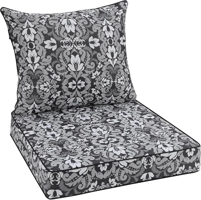 Favoyard Outdoor Deep Seat Patio Cushions Set, 24" x 24", Rainproof, Garden | Fade Resistant, Removable Bottom & Back Cushion, Tie Straps for Patio Furniture, Rocking Chair, Sofa Couch, Gray Floral by OutdoorFurnitureAccessories