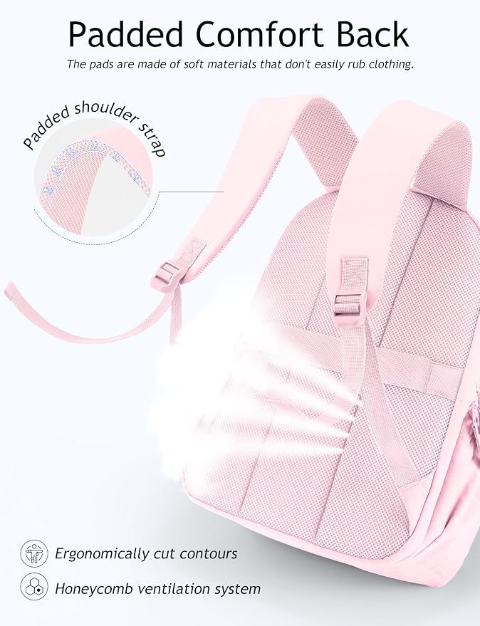 Uselike Travel Backpack for Women, 15.6 Inch Laptop Backpack, Quilted College Bookbag, Cute Work Backpacks, Water Resistant (Light Pink) - Image 4