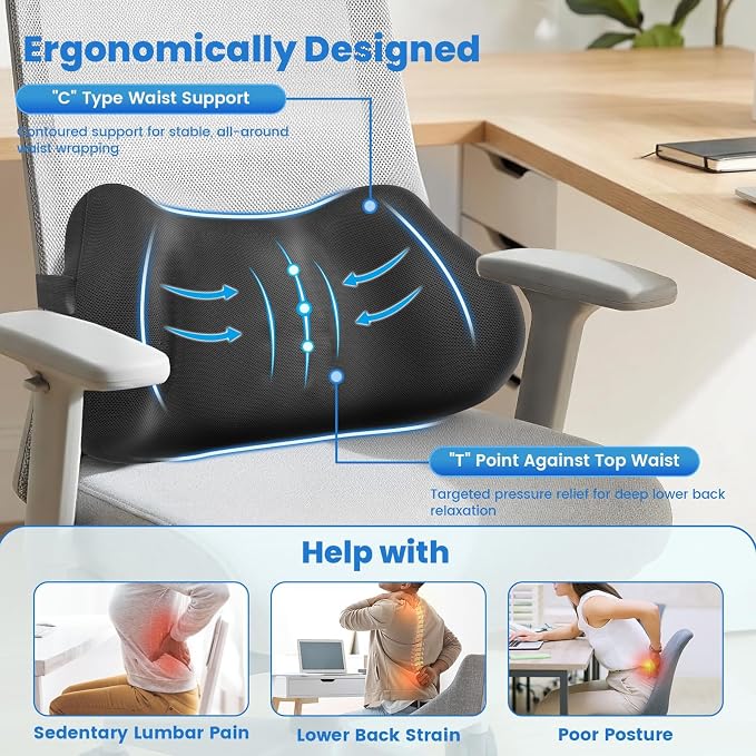 Lumbar Support Pillow, Memory Foam Back Cushion for Office Chair Car, Black | Ergonomic Lower Back Support with Adjustable Strap, Breathable Removable Cover for Couch, Wheelchair and Daily Comfort - Image 2