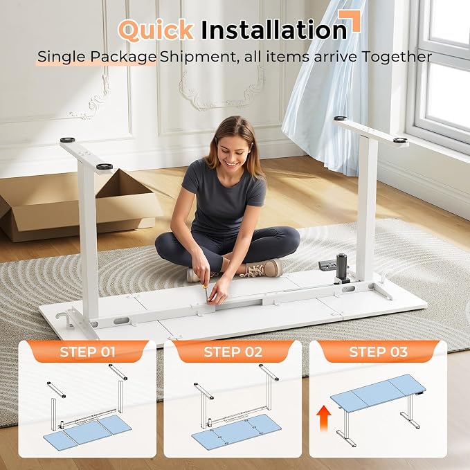 59"×24" Large Electric Standing Desk, Sit Stand Desk, White | 3 Memory Preset Height Adjustable Desk with 2 Hooks for Home Office & Gaming, Heavy Duty Computer Desk with Spliced Tabletop - Image 9