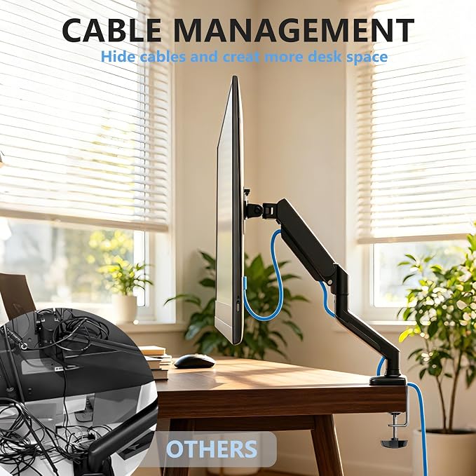 Single Monitor Arm, Fully Adjustable Monitor Mount Fits 13-32 Inch Flat/Curved Screens, Gas Spring Monitor Desk Mount with Clamp & Grommet Base, VESA 75x75/100x100mm, Holds Up to 19.8 lbs - Image 6