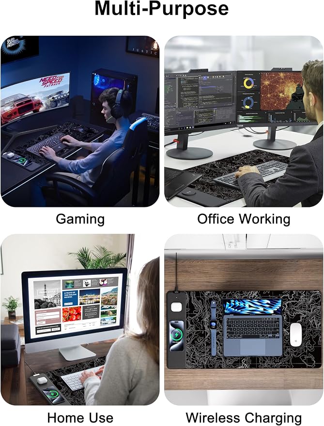 TopMade Mouse Pad with 15W Fast Wireless Charging, 31.5"x15.75" XXL Large Gaming Waterproof Desk Pad with Ultra-Smooth Surface, Non-Slip Base, Computer Desk Mat, Black Topographic Map #3 - Image 8