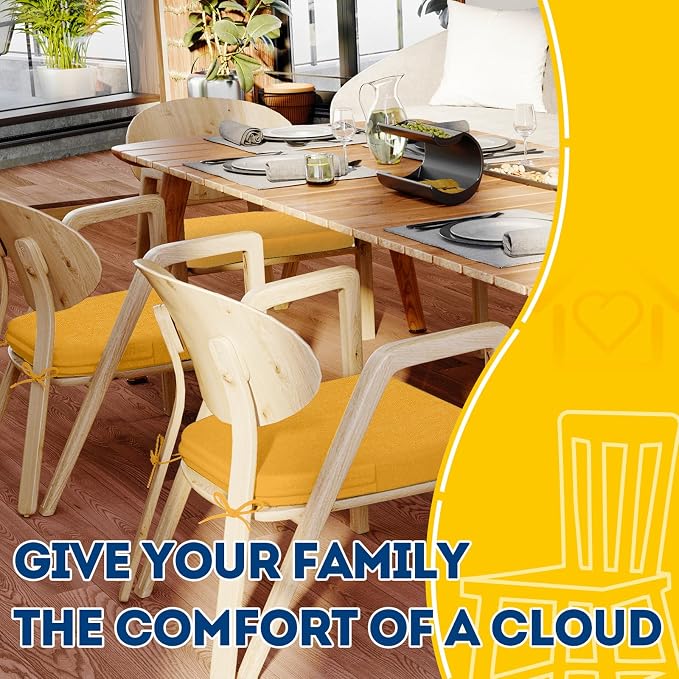 AAAAAcessories D-Shaped Chair Cushions, 2" Thick Dining Chair Pads with Ties and Removable, Machine-Washable Cover, 17" x 16", Set of 2, Golden Orange - Image 6