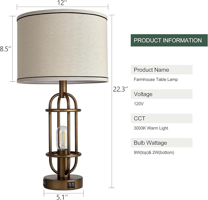 Reaketon Table Lamps for Living Room Set of 2, 22.3" Farmhouse Lamps for Nightstand, Industrial Table Lamps for Bedroom with USB Ports - Image 8