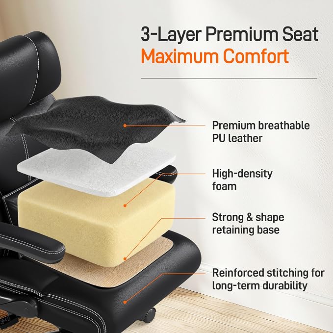 Office Chair, Executive Mid-Back Computer Desk Chair with Flip-up Armrests | 300 Lbs Ergonomic Leather Swivel PC Chair with Rock Function for Working Studying (Black) - Image 7