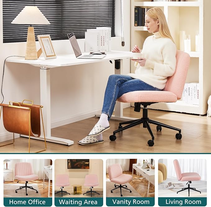 OLIXIS Criss Cross Chair with Wheels, Vanity Chair, Home Office Desk | Furry Teddy Fleece, Wide Seat Armless, Height Adjustable Swivel, Home Computer Task, Bedroom, Study, Pink Teddy - Image 7