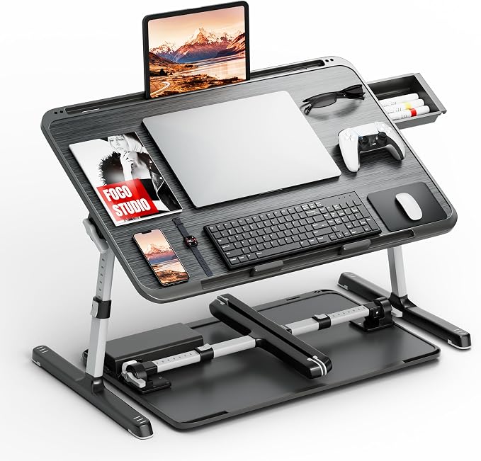 Potuopy Adjustable Lap Desk, Large Smooth Easy-Clean Wood Grain Desktop, Foldable Laptop Bed Tray Table with Storage Drawer, Portable Laptop Stand Fits 17" Laptop for Bed Couch Floor (Striped) by Potuopy