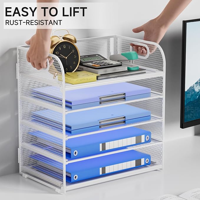 5-Tier Stackable Paper Organizer with Handle, White | Metal Mesh Desk Organizer Letter Tray, Office Storage & Organization for Home, School & Workplace - Image 3