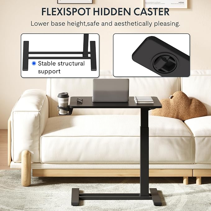 FLEXISPOT H7 28" Pneumatic Height-Adjustable Overbed Table with Wheels | C-shaped bedside table,Medical End Table,Rolling Cart TV Tray,Laptop desk for Hospital Home office use,27.6"Wx15.7"D,Black - Image 6