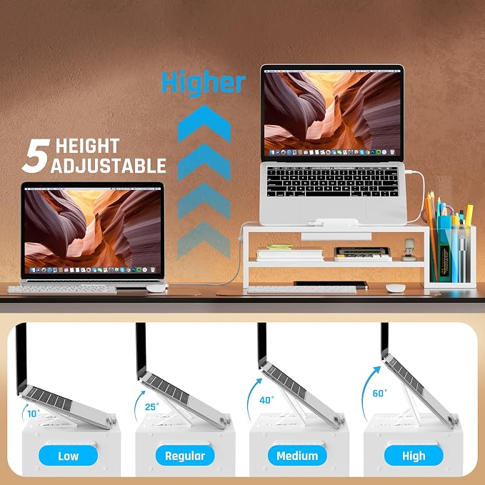 AFOOYO Adjustable Wood Laptop Stand, Ergonomic Height & Angle Computer Riser with Pen Holder – Compatible with MacBook Air/Pro, Dell, HP, Lenovo & 10-17.3" Notebooks – White - Image 2