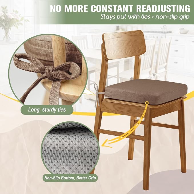 kingphenix Chair Cushions for Dining Chairs, Set of 4, 2.5 Inches Thick | High-Density Foam Kitchen Chair Cushions with Ties, Non-Slip Bottom and Removable Machine-Washable Covers, 17 x 16 in, Brown - Image 3