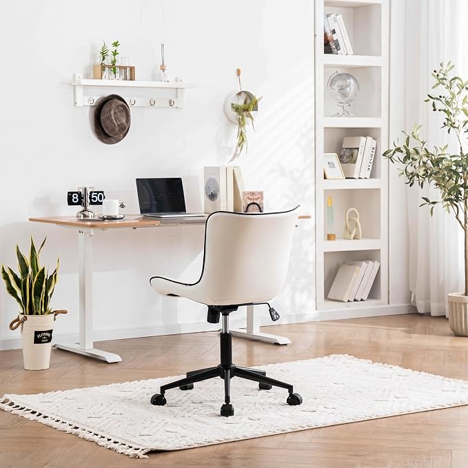YOUNIKE Office Desk Chair with Wheels Armless Vanity Chair Modern White | Faux Leather Upholstered with Rocking Back, Swivel Height Adjustable Small Cute Computer Rolling Task Chair Ergonomic 300lb - Image 9