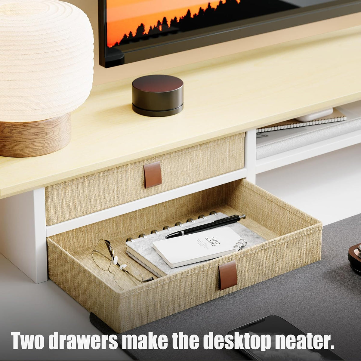 Dual‑Tier Monitor Stand Riser with Drawers, Desktop Organizer Shelf Storage for Computer Screen 2 Monitors, Supports for PC Computer Monitor, Printer, Heavy TV Riser Beige and White - Image 4