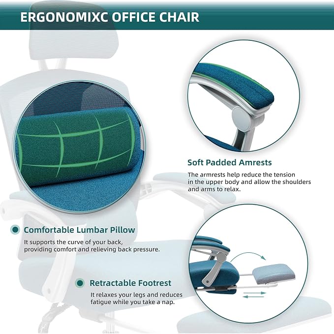 DUMOS Home Office Desk Chair with Footrest, High-Back Mesh Rolling Swivel Reclining Chairs with Wheels, Comfortable Headrest, Lumbar Support, Comfy Arms for Home, Office, Gaming, Student, Elegant Blue | High-Back Mesh, Rolling Swivel Wheels, Comfortabl... - Image 6