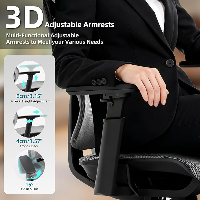 Ergonomic Office Chair with Footrest 4-Level Adjustable Lumbar Suppor | Big and Tall Office Chair t - 155° Tilt Lock and Wide Cushion - 3D Headrest & Armrests, High Back Home Desk Chair - Image 6
