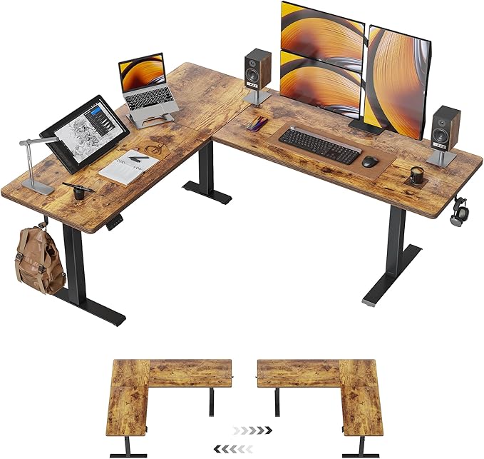 CubiCubi 75“ x 63" L Shaped Standing Desk Adjustable Height, Electric Corner Desk, Sit Stand Home Office Desk with Splice Board, Rustic Brown by CubiCubi