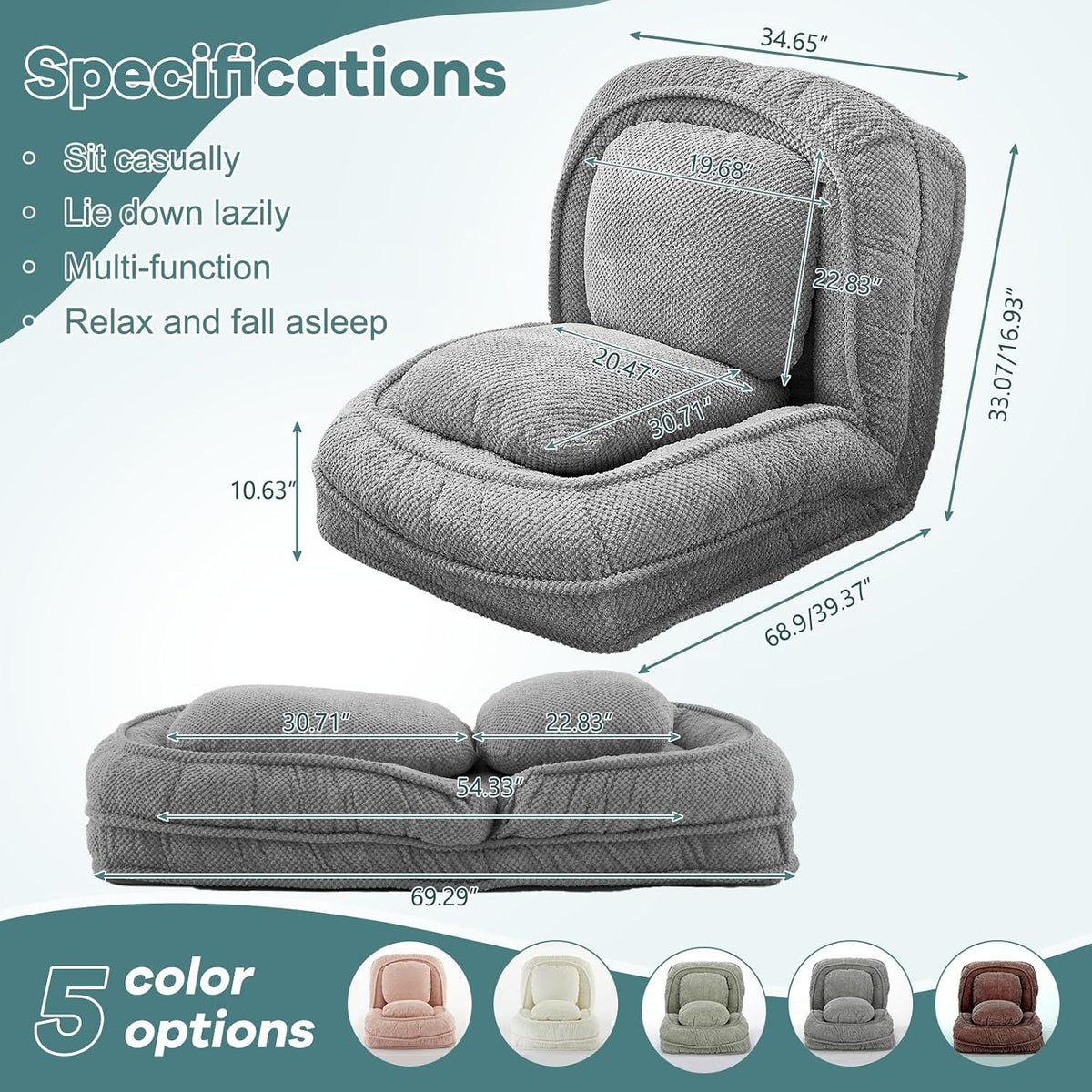 Human Dog Bed for Adults & Pets, 5-Position Floor Chair, Gray - Image 7