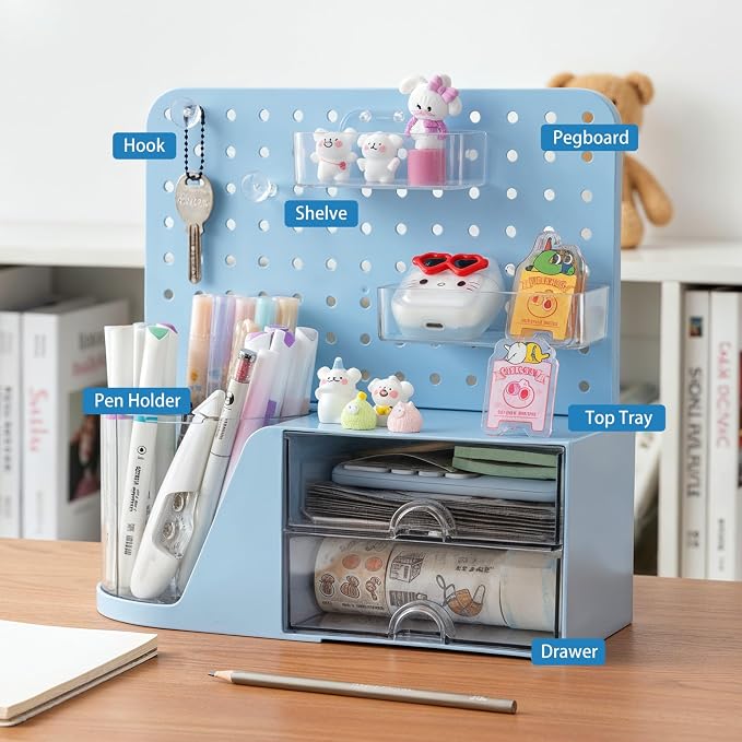 Comix Desk Organizer with 2 Drawer, Blue 360° Rotating Pen Holder for Desk | Desk Organizers and Accessories with 5 Slots Pencil Holder+Pegboard+Drawer, Pen Organizer for Home School Art Office Supplies - Image 3