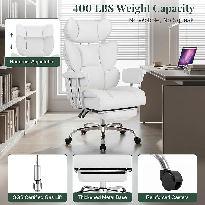 Big and Tall Office Chair 400 LBS, for Adults, Home Office | PU Leather, Executive Ergonomic Desk Chair with Footrest, Lumbar Support, Wide Seat ,Reclining, Beige - Image 8