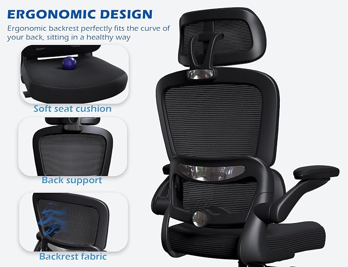 TRALT Ergonomic Office Chair Desk Chair with Adjustable Lumbar Support | Home Office Desk Chairs with Flip-up Armrests & 3D Headrest - Mesh Gaming Chairs for Adults, 330lbs, PU Leather (Black, 1) - Image 5