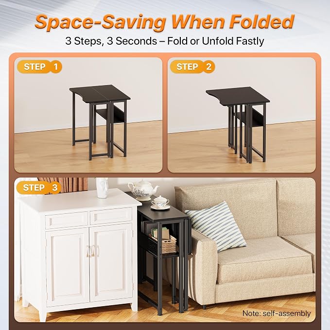 Huuger Folding Desk with Storage Shelf, 23.6 Inch Foldable Computer Table | Writing Work Office Computer Desk for Small Spaces, Space Saving Sofa Table for Couch, Easy to Fold, Black - Image 4
