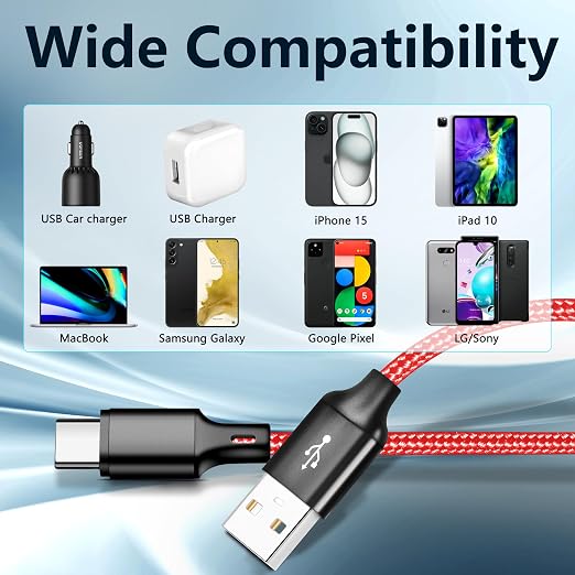 USB A to USB C Cable, 5 Pack Type C Fast Charger Cord (Red) | 3/3/6/6/10ft Nylon Braided Data Transfer Wire for iPhone 17/16/15 Plus/Pro Max iPad Air Ps5 Controller Samsung Galaxy - Image 5